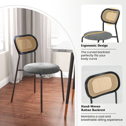 Pair of Rattan Dining Chairs with Metal Legs and Cushioned Seat - Grey