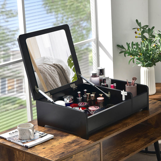 Compact Makeup Table with Flip Top Mirror and Storage Black