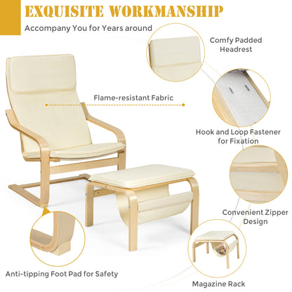 Modern Lounge Chair and Ottoman Set with Storage Rack, White