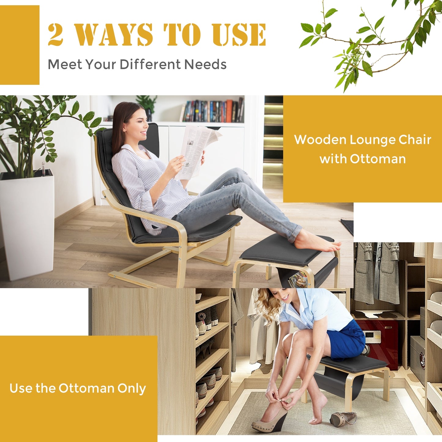 Modern Lounge Chair and Ottoman Set with Storage Rack, Grey