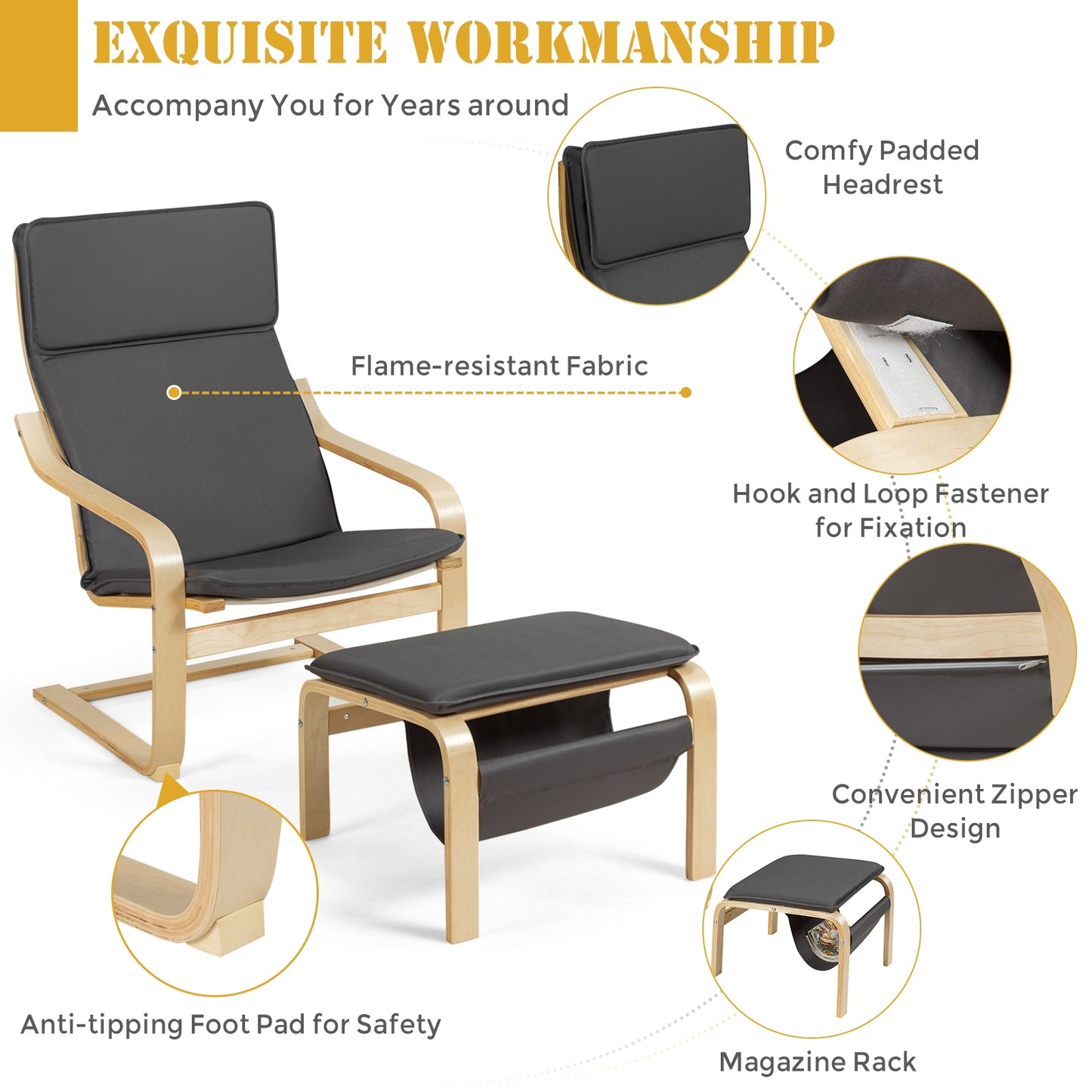 Modern Lounge Chair and Ottoman Set with Storage Rack, Grey