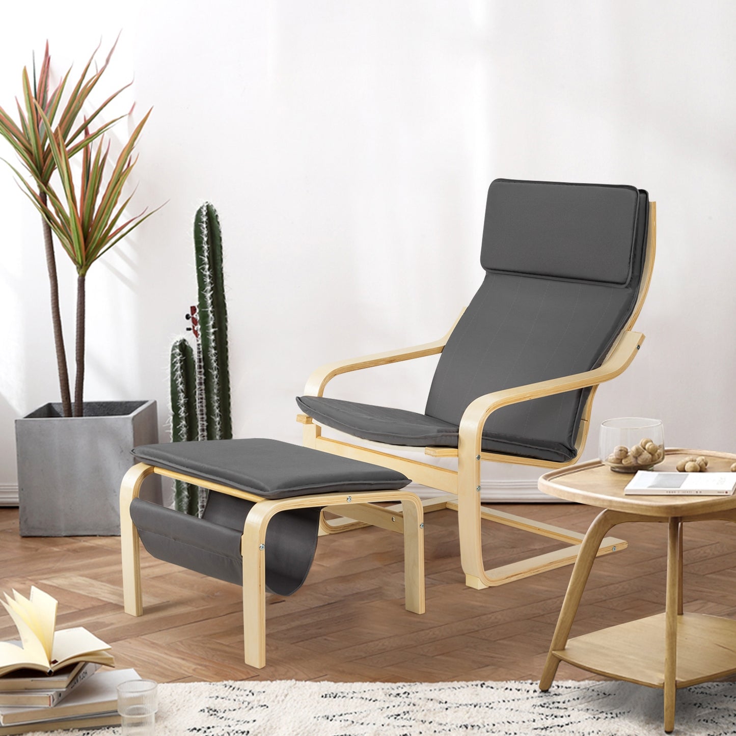 Modern Lounge Chair and Ottoman Set with Storage Rack, Grey