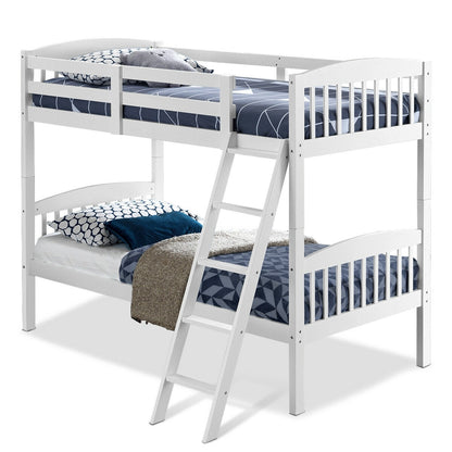 Solid Hardwood Twin Bunk Bed with Safety Guardrails and Easy Climb Ladder - White