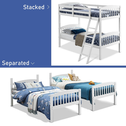 Solid Hardwood Twin Bunk Bed with Safety Guardrails and Easy Climb Ladder - White