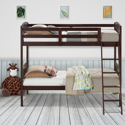 Solid Hardwood Twin Bunk Bed with Safety Guardrails and Easy Climb Ladder - Brown