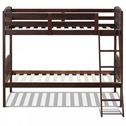 Solid Hardwood Twin Bunk Bed with Safety Guardrails and Easy Climb Ladder - Brown