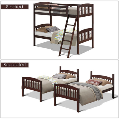 Solid Hardwood Twin Bunk Bed with Safety Guardrails and Easy Climb Ladder - Brown
