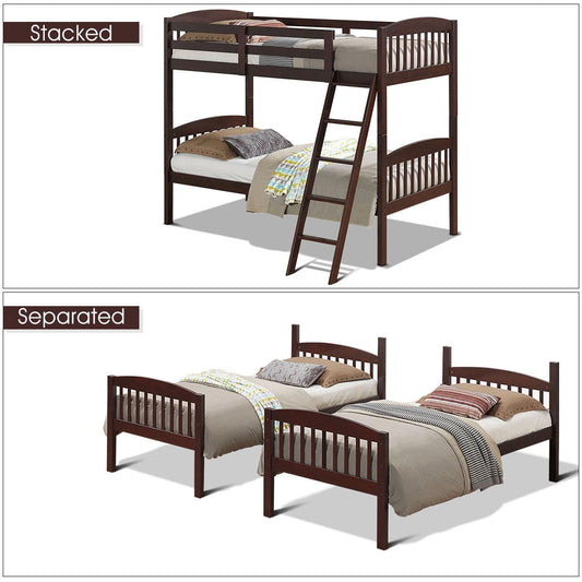 Solid Hardwood Twin Bunk Bed with Safety Guardrails and Easy Climb Ladder - Brown