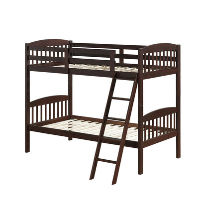 Solid Hardwood Twin Bunk Bed with Safety Guardrails and Easy Climb Ladder - Brown