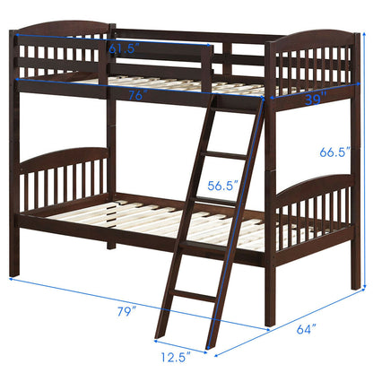 Solid Hardwood Twin Bunk Bed with Safety Guardrails and Easy Climb Ladder - Brown