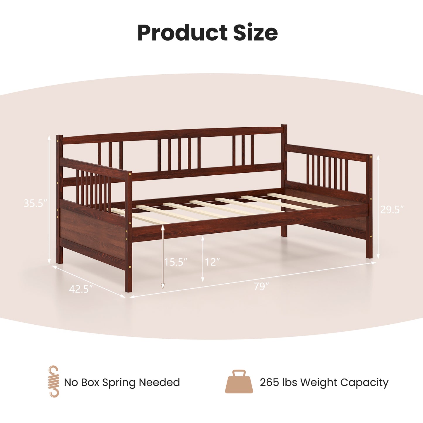 Solid Wood Daybed with Side Rails and 12 Inch Underbed Clearance Brown Slatted Frame for Living Room or Bedroom Twin