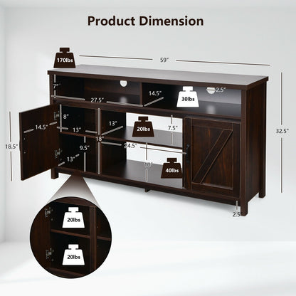 Rustic 59 Inch TV Stand with Sliding Barn Doors and Adjustable Storage for TVs Up to 65 Inches - Brown
