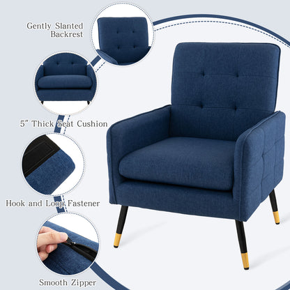 Modern Linen Upholstered Accent Chair with Removable Cushion and Metal Legs in Blue