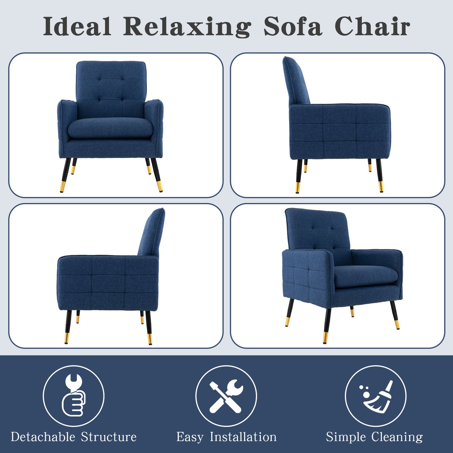 Modern Linen Upholstered Accent Chair with Removable Cushion and Metal Legs in Blue