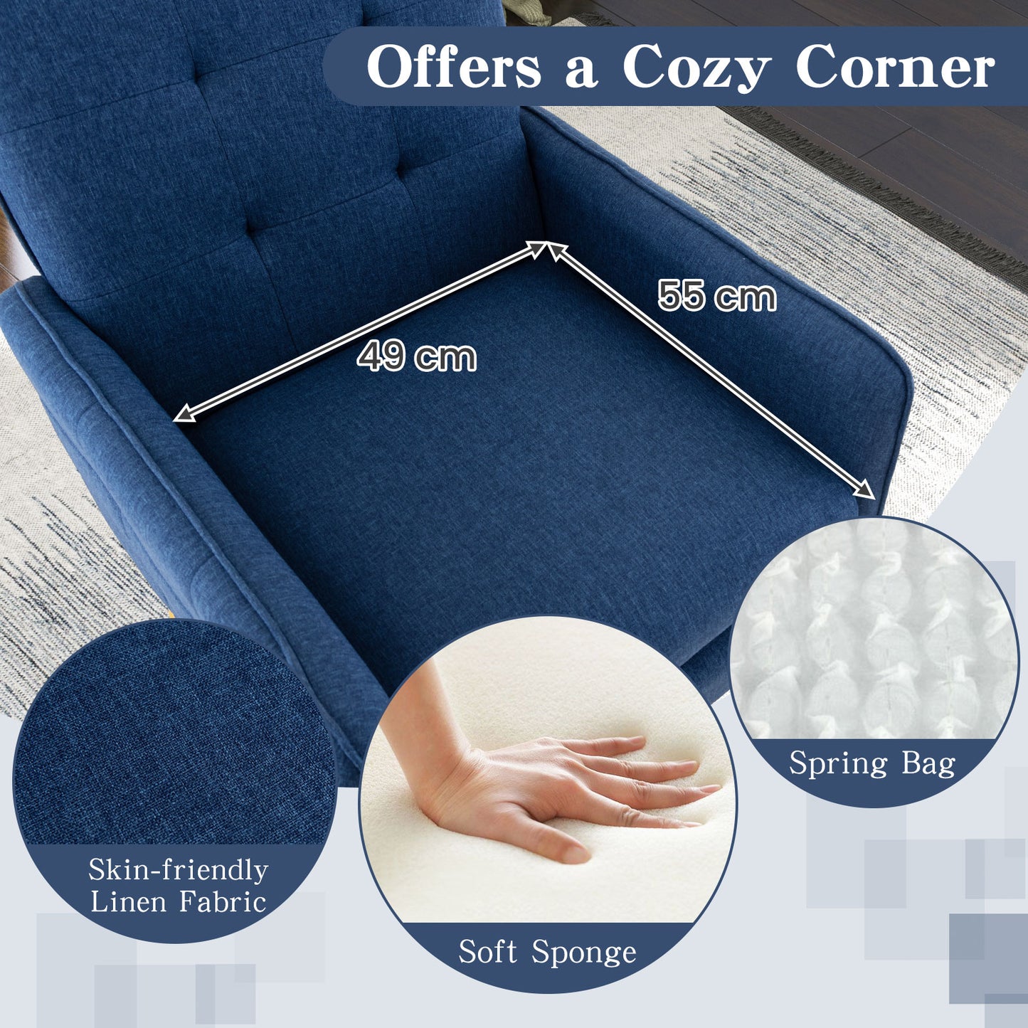 Modern Linen Upholstered Accent Chair with Removable Cushion and Metal Legs in Blue