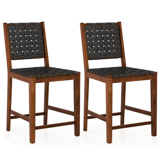 2-Piece Bar Stool Set with Woven Faux Leather Straps and Wooden Frame