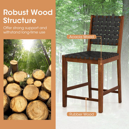 2-Piece Bar Stool Set with Woven Faux Leather Straps and Wooden Frame
