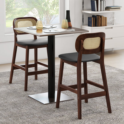 Set of 2 Wood Bar Stools with PE Rattan Backrest and Cushioned PU Leather Seat