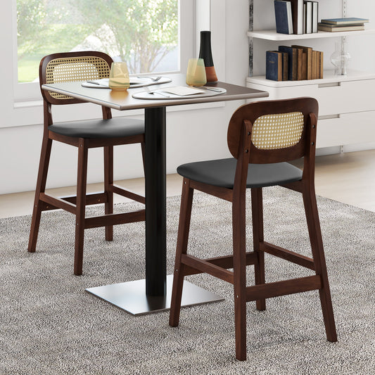 Set of 2 Wood Bar Stools with PE Rattan Backrest and Cushioned PU Leather Seat