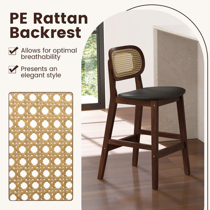 Set of 2 Wood Bar Stools with PE Rattan Backrest and Cushioned PU Leather Seat