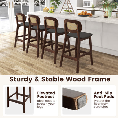 Set of 2 Wood Bar Stools with PE Rattan Backrest and Cushioned PU Leather Seat