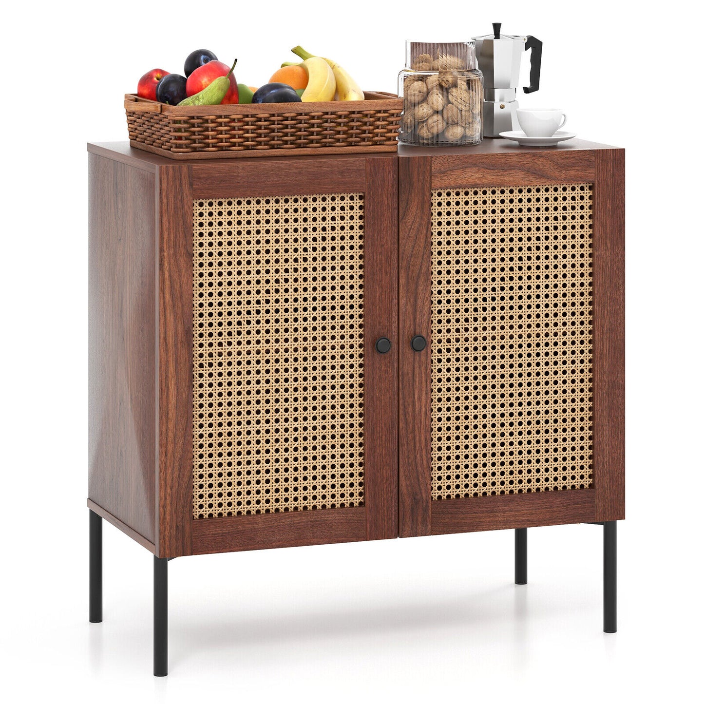 Rattan Sideboard Cabinet with Adjustable Shelf and Double Doors for Kitchen - Walnut
