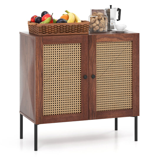 Rattan Sideboard Cabinet with Adjustable Shelf and Double Doors for Kitchen - Walnut