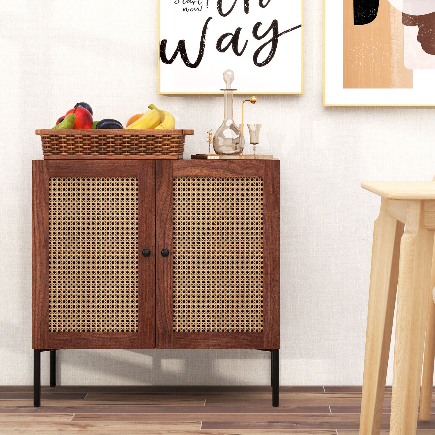 Rattan Sideboard Cabinet with Adjustable Shelf and Double Doors for Kitchen - Walnut