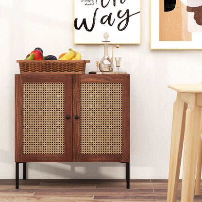 Rattan Sideboard Cabinet with Adjustable Shelf and Double Doors for Kitchen - Walnut
