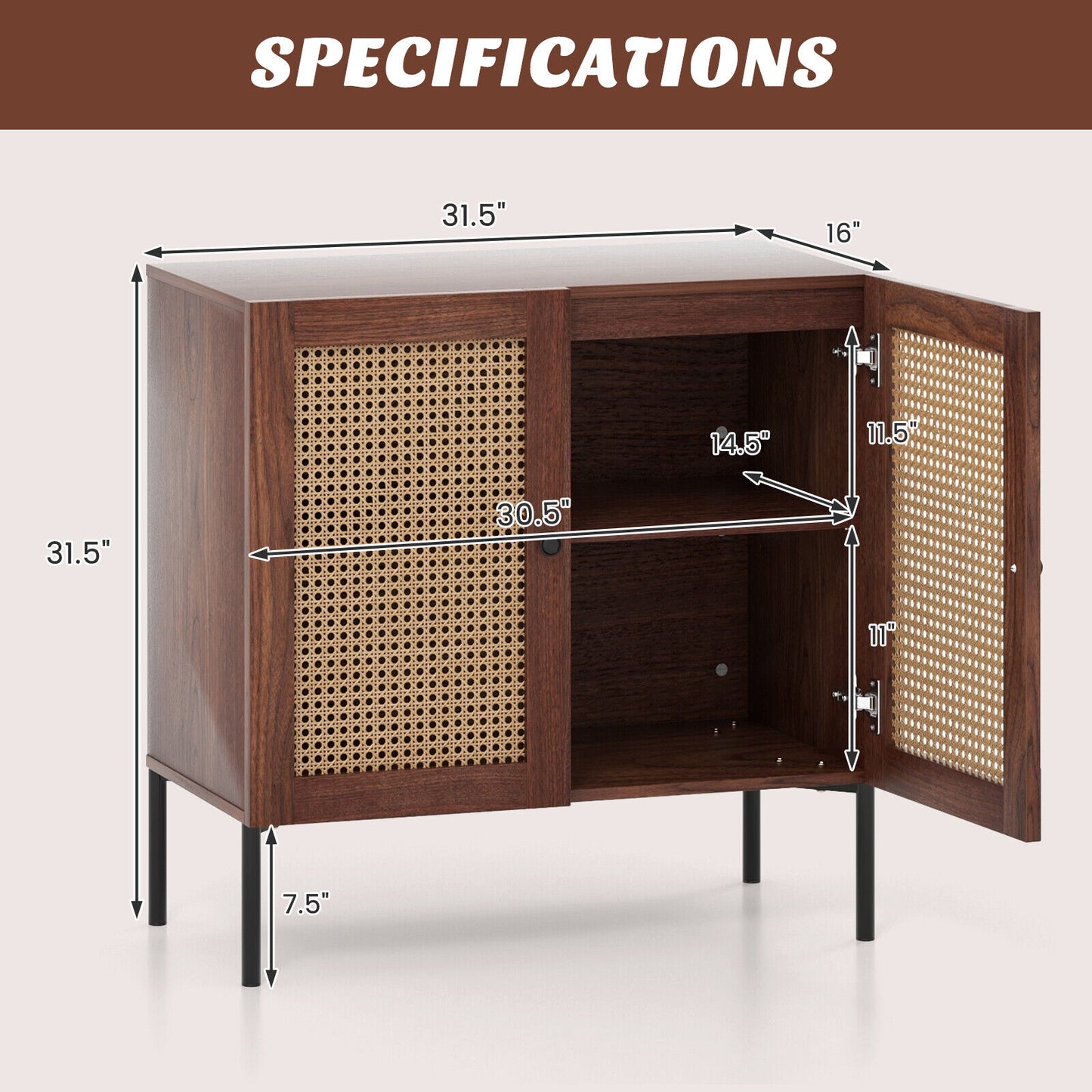 Rattan Sideboard Cabinet with Adjustable Shelf and Double Doors for Kitchen - Walnut