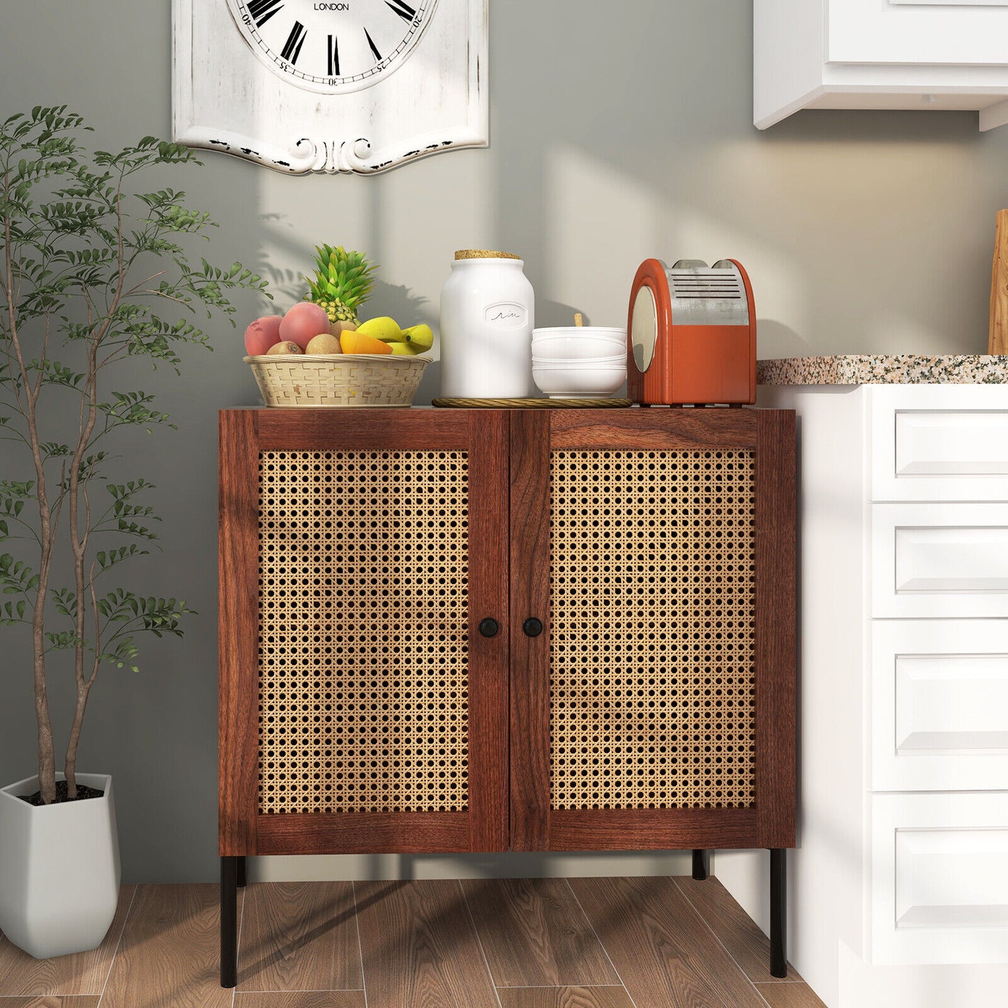 Rattan Sideboard Cabinet with Adjustable Shelf and Double Doors for Kitchen - Walnut
