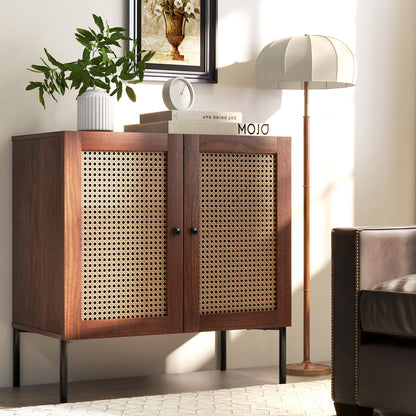 Rattan Sideboard Cabinet with Adjustable Shelf and Double Doors for Kitchen - Walnut