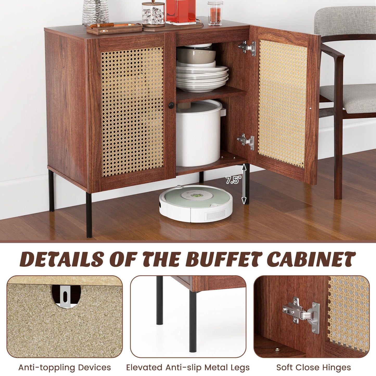 Rattan Sideboard Cabinet with Adjustable Shelf and Double Doors for Kitchen - Walnut