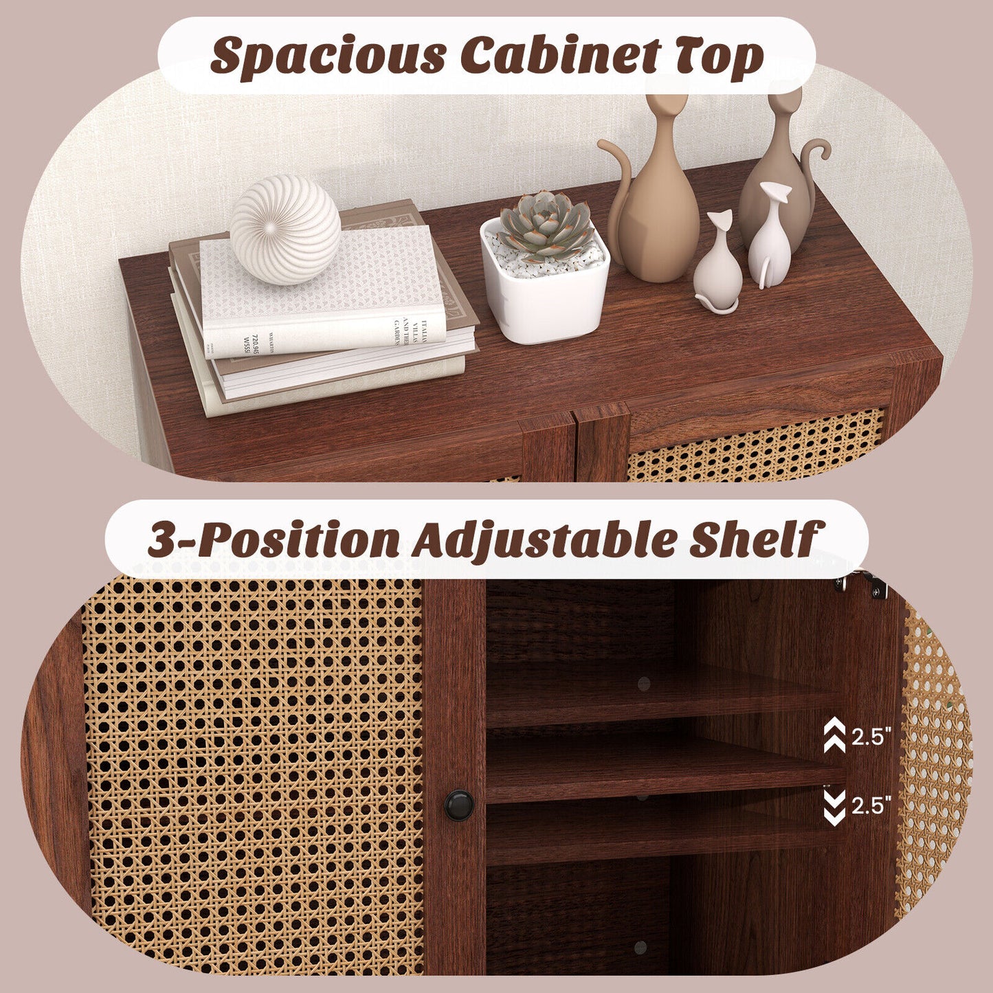 Rattan Sideboard Cabinet with Adjustable Shelf and Double Doors for Kitchen - Walnut