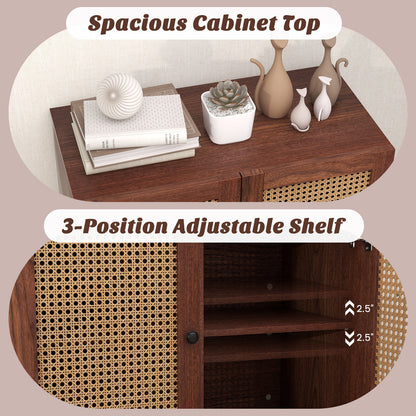 Rattan Sideboard Cabinet with Adjustable Shelf and Double Doors for Kitchen - Walnut