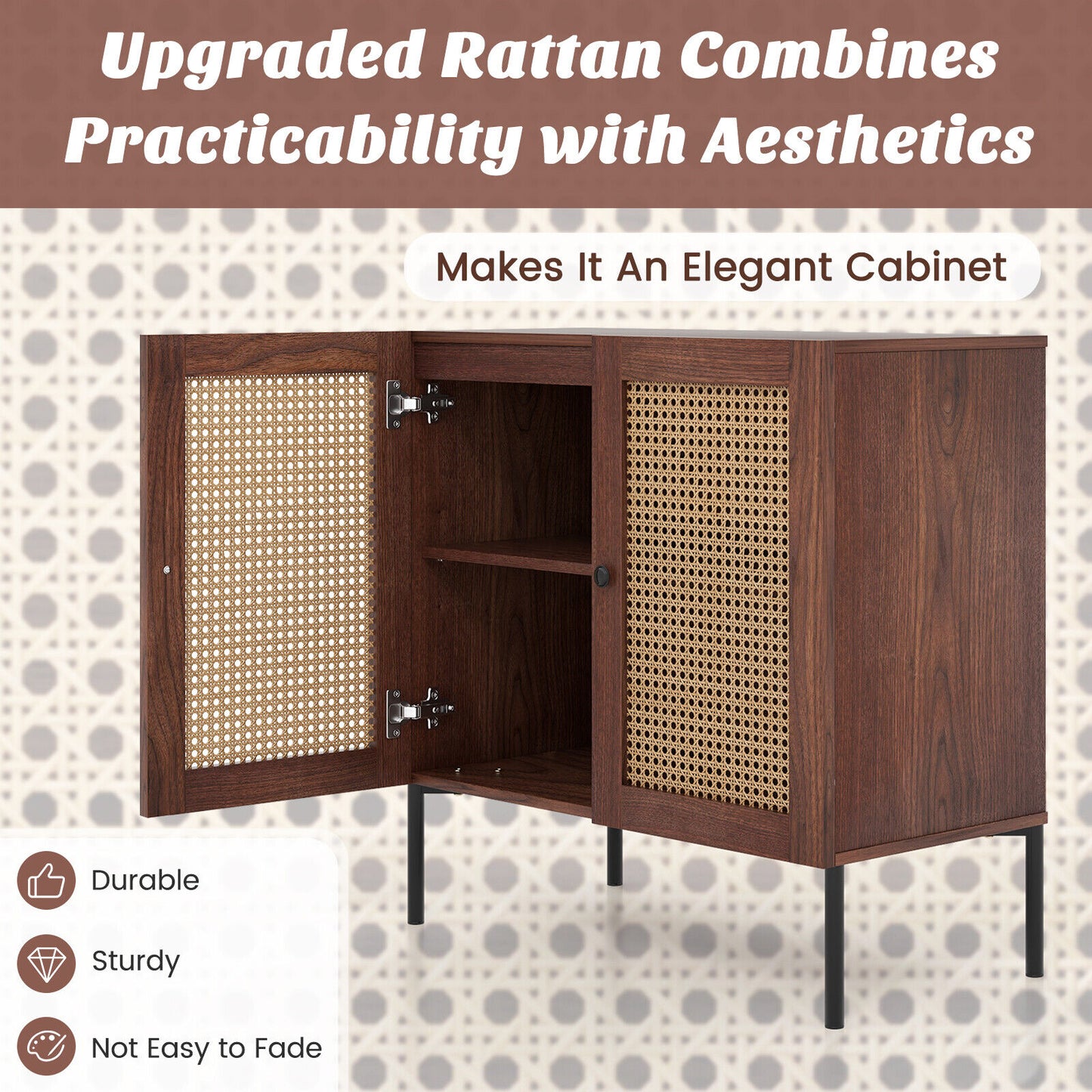 Rattan Sideboard Cabinet with Adjustable Shelf and Double Doors for Kitchen - Walnut