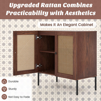 Rattan Sideboard Cabinet with Adjustable Shelf and Double Doors for Kitchen - Walnut