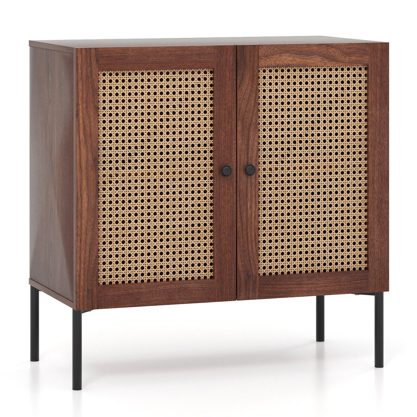 Rattan Sideboard Cabinet with Adjustable Shelf and Double Doors for Kitchen - Walnut