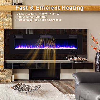 68 Inch Ultra Slim Electric Fireplace with Crystal Log - Wall-Mounted or Recessed