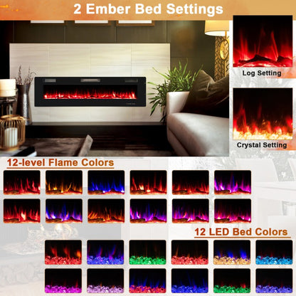 68 Inch Ultra Slim Electric Fireplace with Crystal Log - Wall-Mounted or Recessed