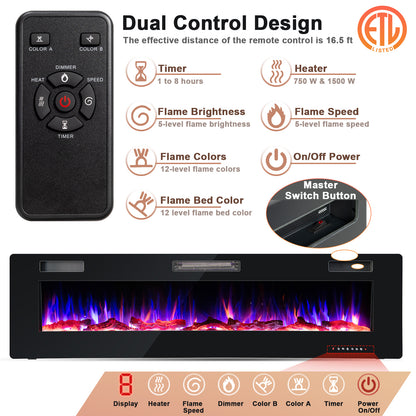 68 Inch Ultra Slim Electric Fireplace with Crystal Log - Wall-Mounted or Recessed