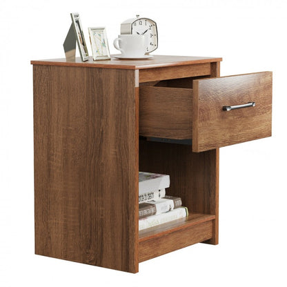Wooden Nightstand with Drawer and Open Storage Shelf in Brown Finish