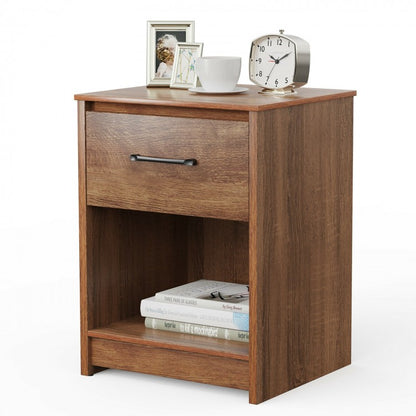 Wooden Nightstand with Drawer and Open Storage Shelf in Brown Finish