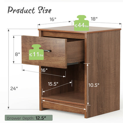 Wooden Nightstand with Drawer and Open Storage Shelf in Brown Finish