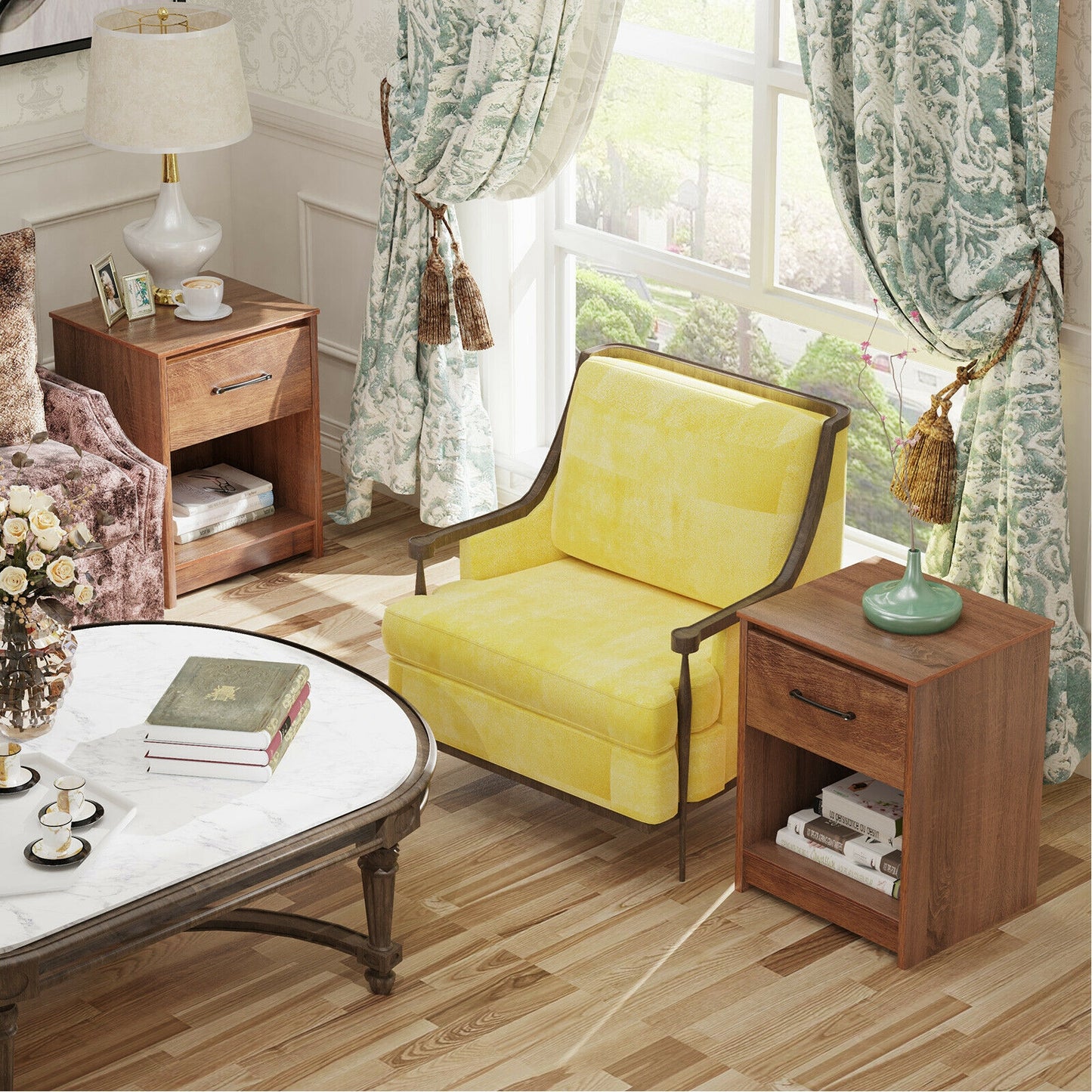Wooden Nightstand with Drawer and Open Storage Shelf in Brown Finish