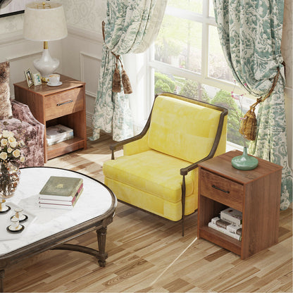 Wooden Nightstand with Drawer and Open Storage Shelf in Brown Finish
