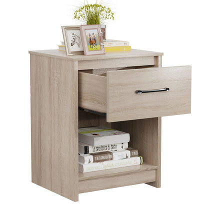 Wooden Nightstand with Drawer and Open Storage Shelf in Natural Finish