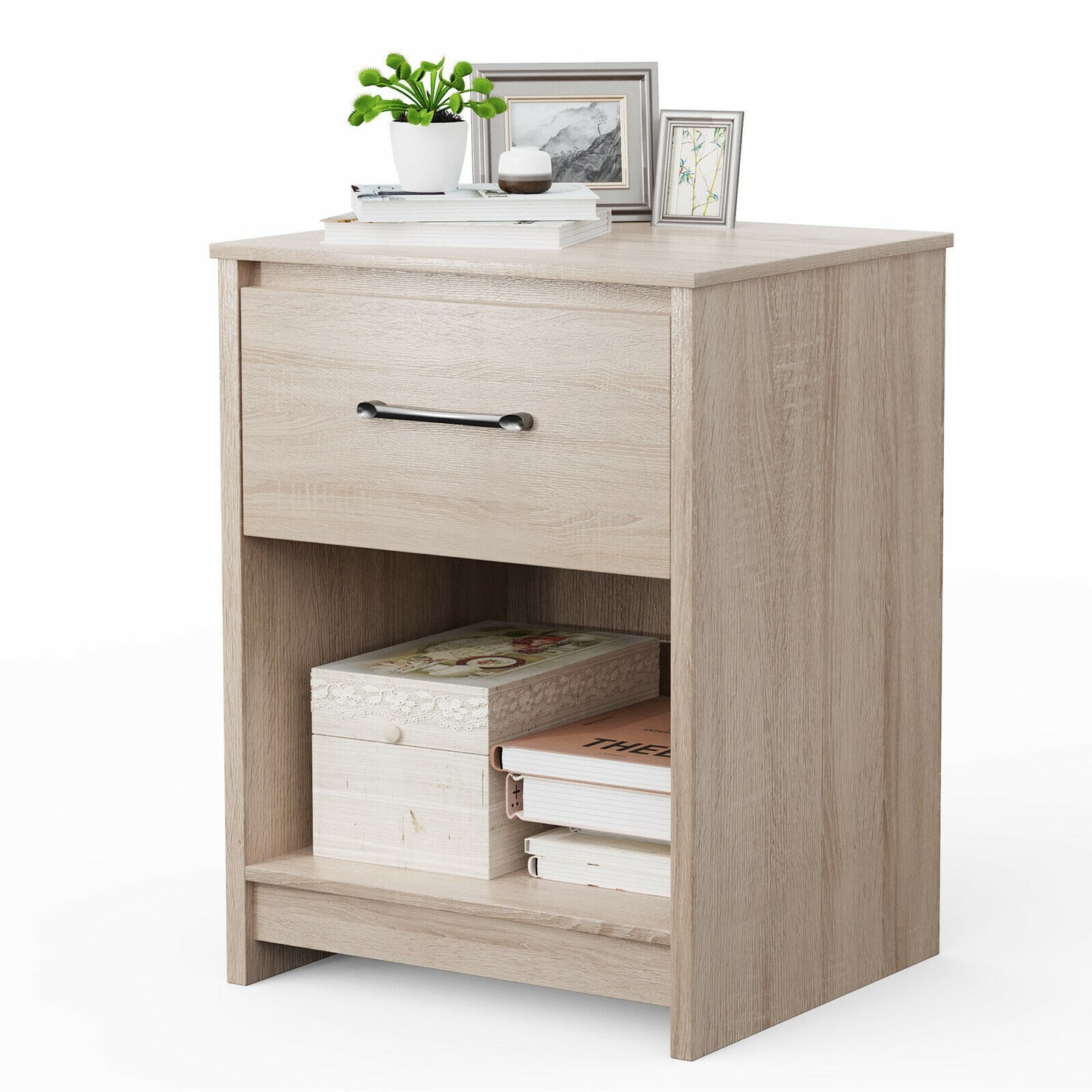 Wooden Nightstand with Drawer and Open Storage Shelf in Natural Finish
