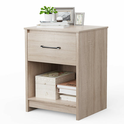 Wooden Nightstand with Drawer and Open Storage Shelf in Natural Finish