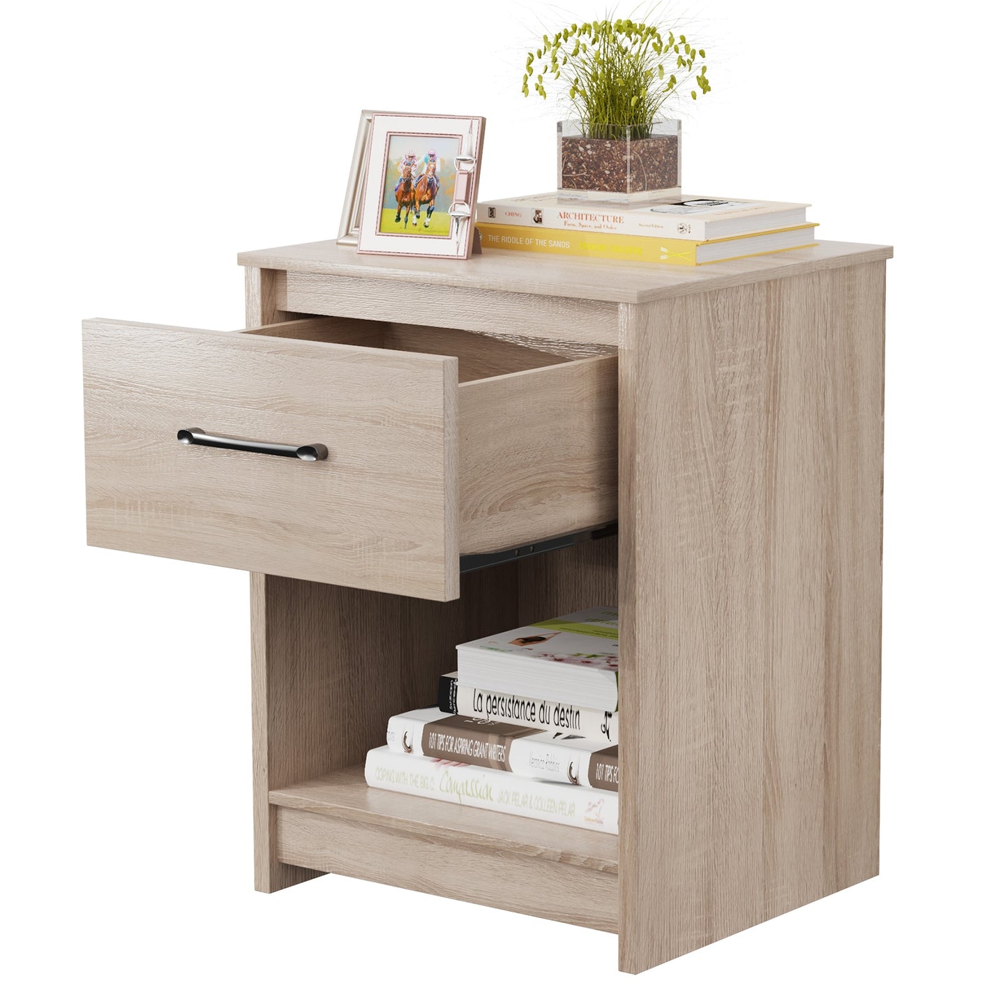 Wooden Nightstand with Drawer and Open Storage Shelf in Natural Finish